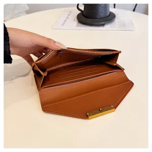 Women long wallet PU leather minimalist card holder clutch brown envelope purse large capacity