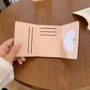 Women short trifold wallet cute pink pu leather card holder heart photo window minimalist purse
