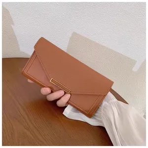 Women long wallet brown minimalist slim multi-card slot folding envelope clutch purse detail