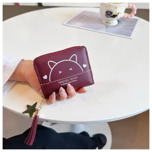 Women minimalist short wallet PU leather coin purse with tassel and card holder daily use