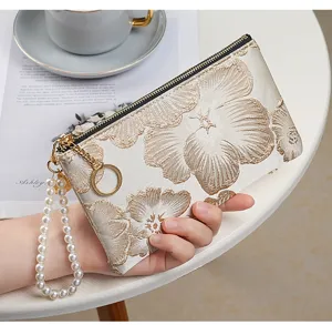 Chinese style embroidered clutch wallet with pearl strap, zipper coin purse and card holder bag.