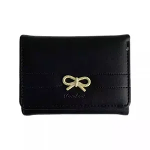Black short wallet for women with elegant bowknot design, compact and stylish card holder.