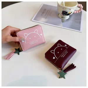Close-up details of PU leather zipper coin purse, featuring cute cat ears and star tassel pendants.