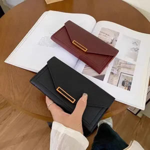Women Long Wallet Urban Minimalist Solid Color Envelope Bifold Purse PVC Pebbled Leather Texture Large Capacity Card Holder Clutch