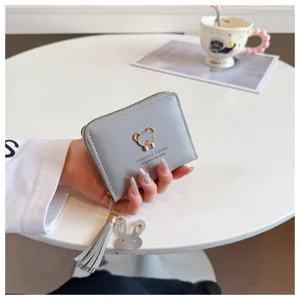 Grey short zip wallet for women with cute bear decor and tassel pendant, student purse.