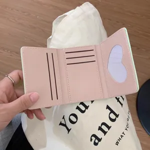 Portafoglio donna compatto triplo rosa carino porta carte corto con finestra a cuore