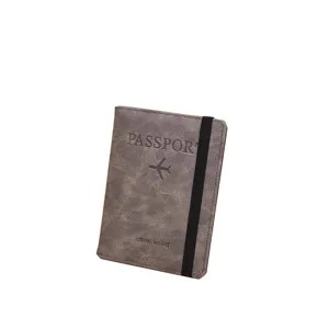 Fundas de pasaporte de cuero PU gris con banda elástica, billetera de viaje organizador