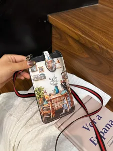 Women small crossbody phone bag vintage art illustration PU leather mini shoulder bag
