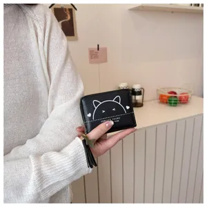 Women's short zipper coin purse, cute cat print PU leather wallet with tassel pendant.
