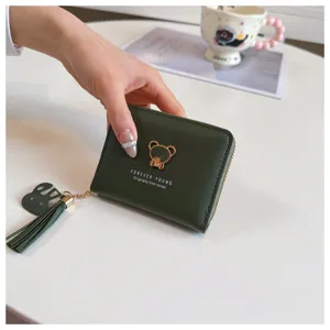 Cute short wallet for women with bear pendant and tassel, compact zipper coin purse design.