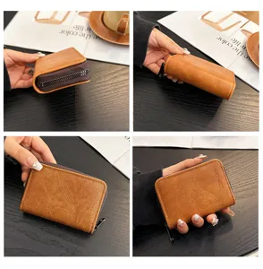 Vintage brown leather zipper card holder, elegant multi-slot wallet for daily cards.