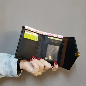 Women short black wallet trifold card slots minimalist compact PU leather purse daily.