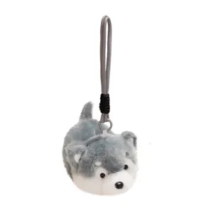 Cute grey plush puppy doll keychain, soft stuffed animal bag charm with hanging strap.