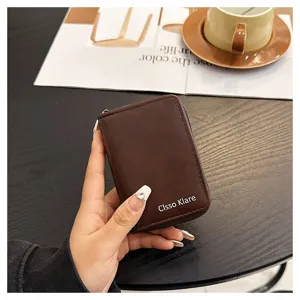 Detailed view of dark brown leather card wallet with multi slots and zipper closure showcase.