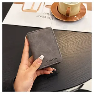 Grey minimalist zipper card holder detail view, exquisite multi-slot compact wallet design.
