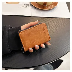 Vintage brown pu leather zipper card holder compact minimalist coin purse wallet for women