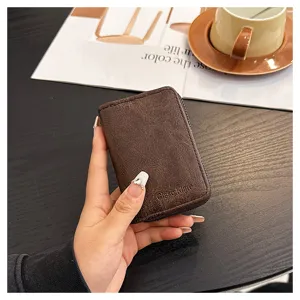 Compact vintage brown PU leather card holder with secure zipper and multi-slot design.