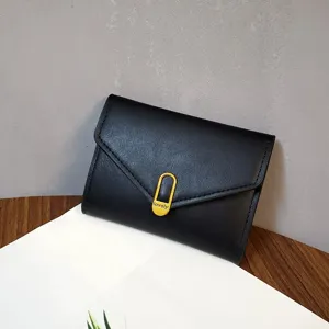 Black leather short wallet, compact envelope design with a gold metal clasp, multi-card slot.