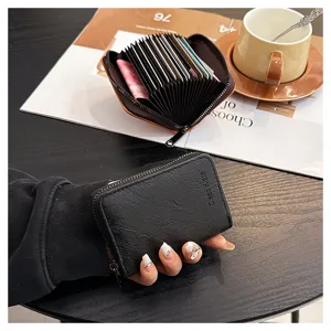 Minimalist retro black PU leather card holder wallet with zipper and multi-card slots design.