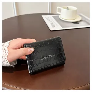 Petit portefeuille noir effet croco, porte-cartes pliant compact avec fermeture à pression.