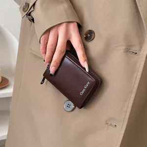 Minimalist retro women card holder, vintage dark brown PU leather wallet with zipper closure.