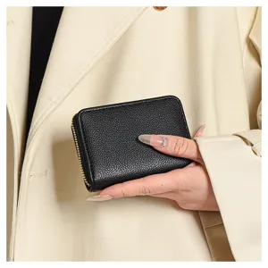 Porte-carte de crédit en cuir PU noir étui portefeuille zippé minimaliste pratique