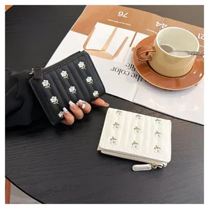 Women short wallet cute floral embroidered folding zipper coin purse card holder black white