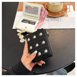 Women short wallet embroidered floral cute card holder compact folding zipper coin purse stylish