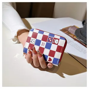 Femmes mignon lapin à carreaux porte-cartes portefeuille à fermeture éclair étui compact