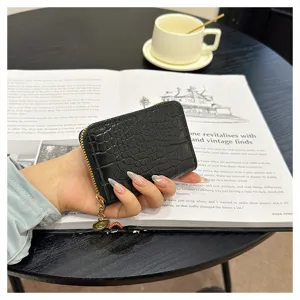 Black crocodile pattern card holder with gold zipper, premium PU leather wallet for women.