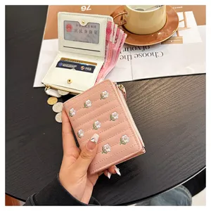 Cute floral embroidered women short wallet folding zipper card holder pink compact purse chic.