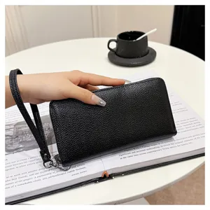 Monedero largo de cuero negro con correa de muñeca, cartera grande para tarjetas.