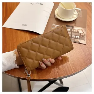 Women quilted long wallet zip clutch fashion large capacity designer hand bag brown chic.