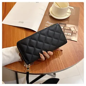 Women long quilted wallet black PU leather zip clutch purse chic fashion card holder bag