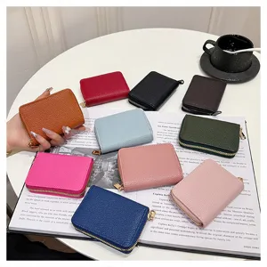 Tarjetero de cuero con cremallera, elegante monedero mini compacto para mujeres y hombres.