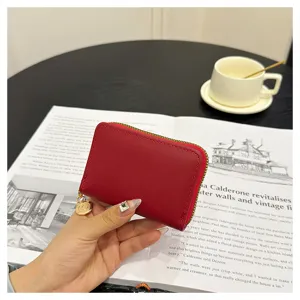 Red leather card holder women coin purse mini zipper wallet chic minimalist style bag