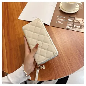 Women long quilted wallet zip clutch purse wristlet card holder solid fashion casual handbag.
