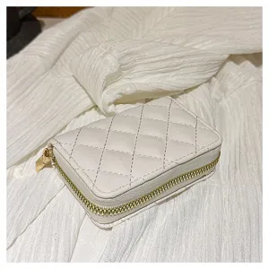 White quilted accordion card holder with gold zipper, mini PU leather wallet for women.