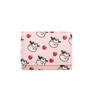 Cute pink cartoon cow strawberry print trifold short wallet for women student mini card case
