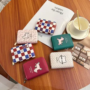 Petit Porte-cartes pour Femmes Blocage RFID Cuir PVC Portefeuille à Fermeture Éclair Carreaux Dessin Animé Lapin Ours Étui