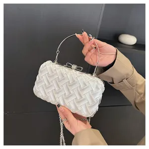 Borsa da Sera Tessuta Bianca Manico Anello Metallo Fiocco Tracolla Pochette Donna