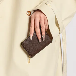 Porte-cartes zippé en cuir PU marron étui compact pour cartes de crédit portefeuille
