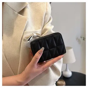 Detailed view of a stylish black quilted card wallet featuring multiple slots and zipper closure.