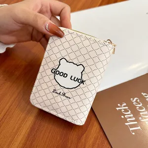 Femmes porte-cartes compact en cuir PU mignon ours impression mini portefeuille zippé monnaie