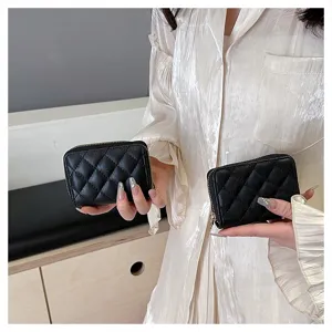 Black quilted card holder wallet with zipper closure, compact design for daily use and cards.