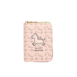 Porte-cartes mignon pour femmes motif cheval de dessin animé rose portefeuille compact