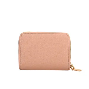Portefeuille porte-cartes accordéon en cuir PU rose avec fermeture éclair, design compact.