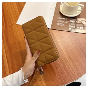 Women quilted long zip wallet with wrist strap, fashion large capacity clutch purse detail.