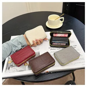 Women PU leather card holder vintage multi slot zipper coin purse compact wallet clutch bag