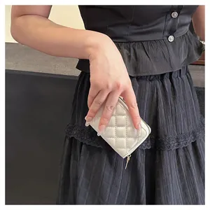 White quilted card holder with zip closure, compact multi-slot credit card wallet for women.